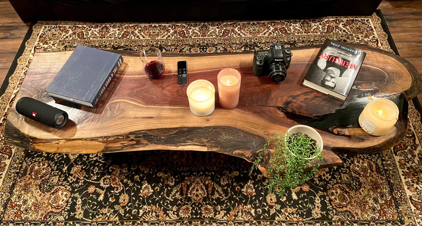 Black Walnut Live Edge Rustic Coffee Table w/ Gray-Green Epoxy|Live Edge Wood Epoxy Table|Round Coffee Table|Large Wood Coffee Table