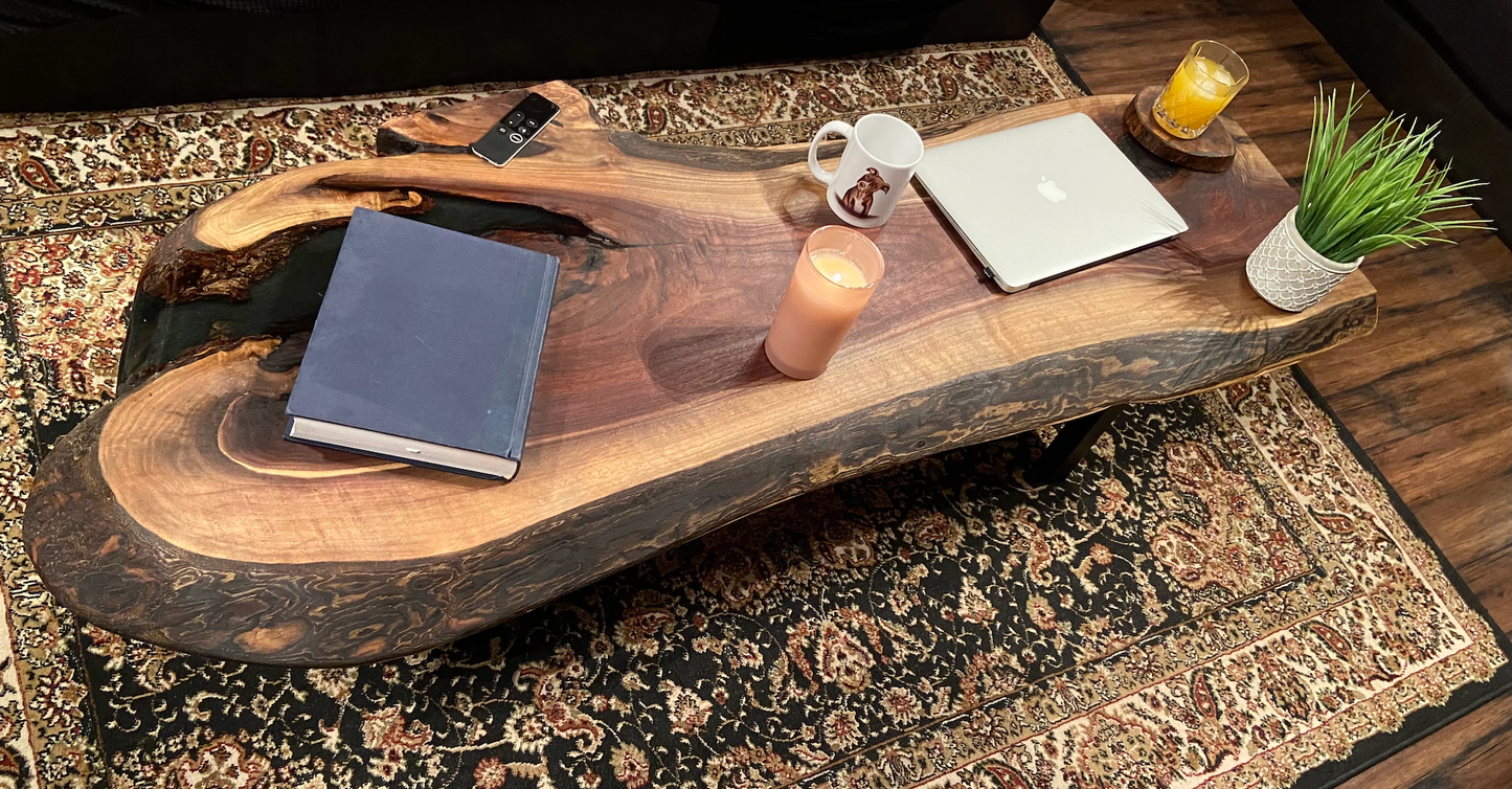 Black Walnut Live Edge Rustic Coffee Table w/ Gray-Green Epoxy|Live Edge Wood Epoxy Table|Round Coffee Table|Large Wood Coffee Table