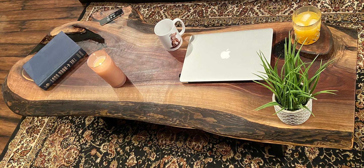 Black Walnut Live Edge Rustic Coffee Table w/ Gray-Green Epoxy|Live Edge Wood Epoxy Table|Round Coffee Table|Large Wood Coffee Table