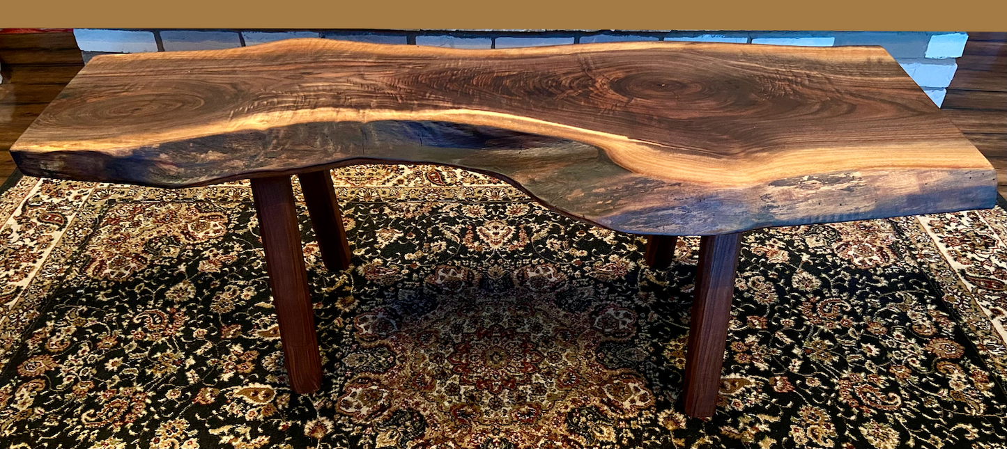 Gorgeously Patterned and Uniquely Shaped Live Edge Walnut Coffee Table or Media Console Table