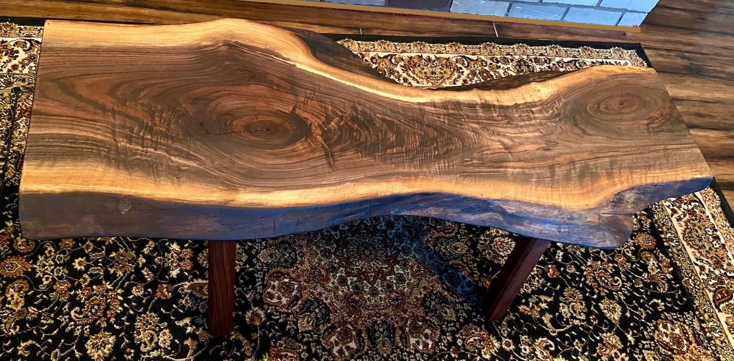 Gorgeously Patterned and Uniquely Shaped Live Edge Walnut Coffee Table or Media Console Table