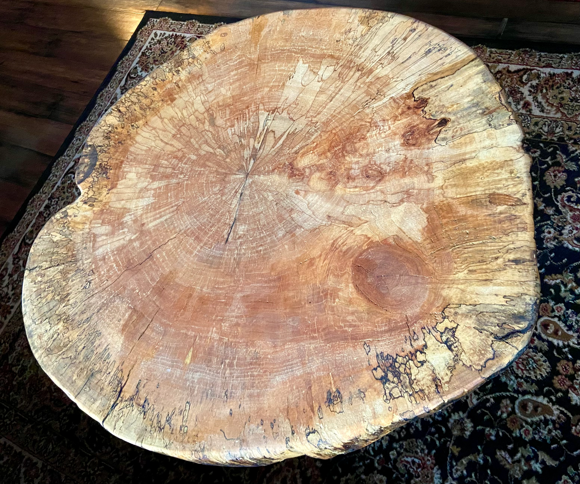 Round Natural Edge Spalted Maple Coffee Table|Contemporary Rustic Live Edge Wormy Maple Wafer Table|Cross Cut Natural Edge Round Table