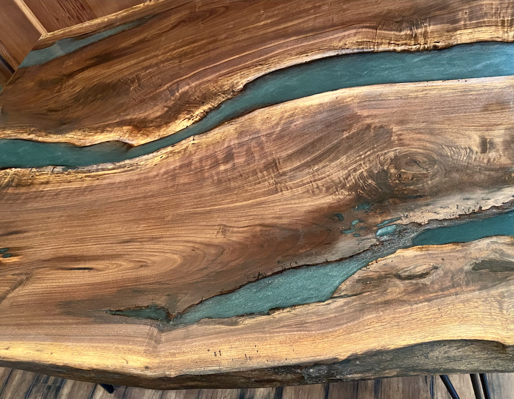 Blue Green Live Edge Walnut Epoxy River Pour Table