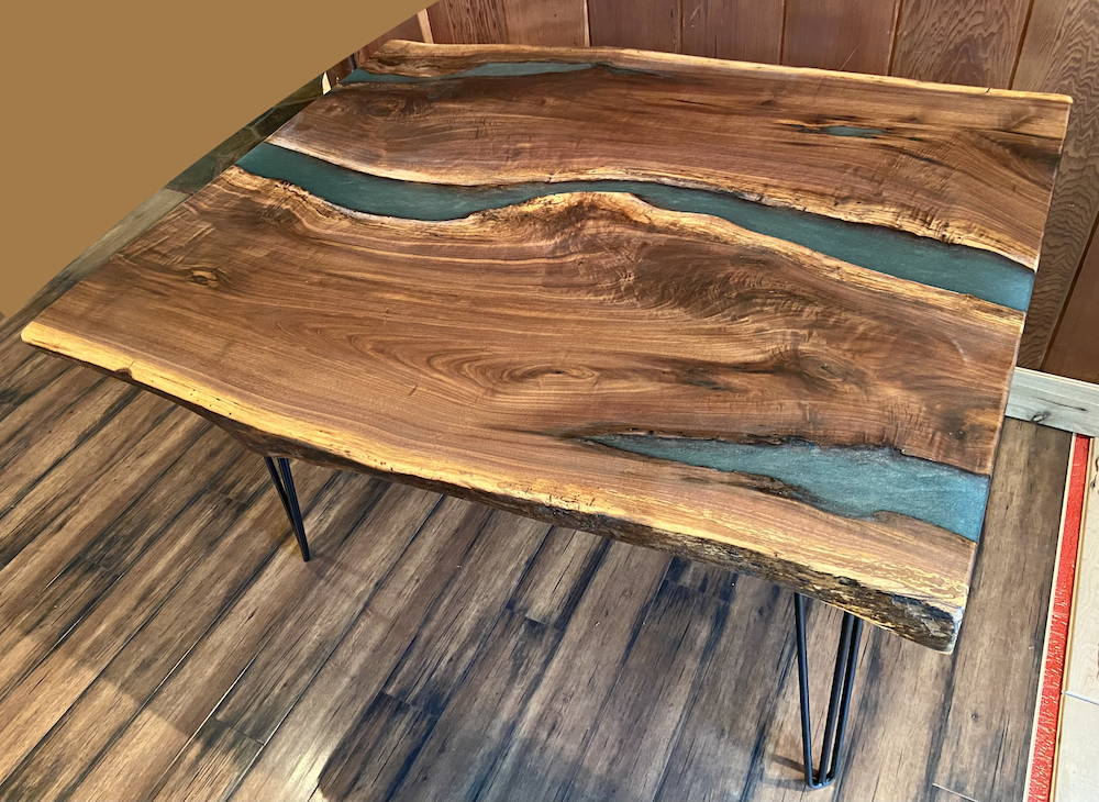 Blue Green Live Edge Walnut Epoxy River Pour Table