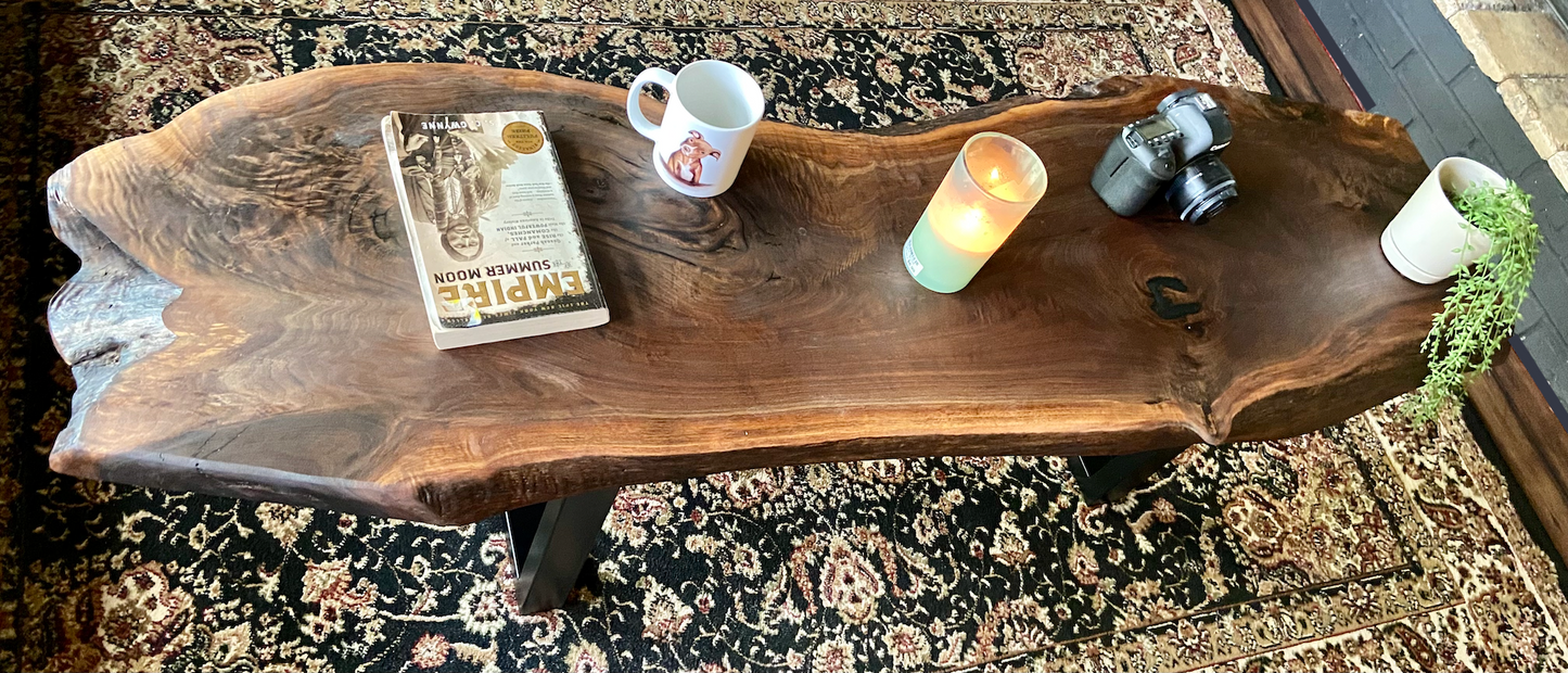 Beautiful Curved Live Edge Walnut Coffee Table|Live Edge Wood Coffee Table|Natural Edge Black Walnut Table|Live Edge Rustic Walnut Table