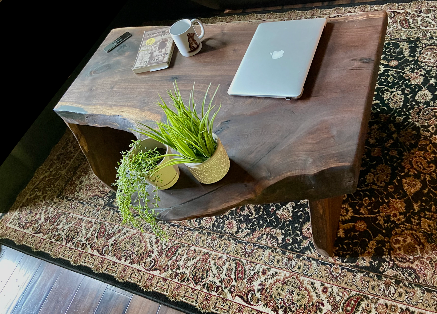 Rustic Waterfall Live Edge Walnut Wood Coffee Table|Walnut Table w/ Continuous Leg Style|Wood Waterfall Table w/Custom Wood Legs|Cabin Decor