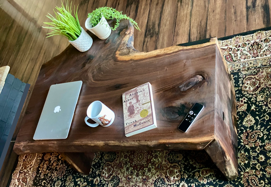 Rustic Waterfall Live Edge Walnut Wood Coffee Table|Walnut Table w/ Continuous Leg Style|Wood Waterfall Table w/Custom Wood Legs|Cabin Decor