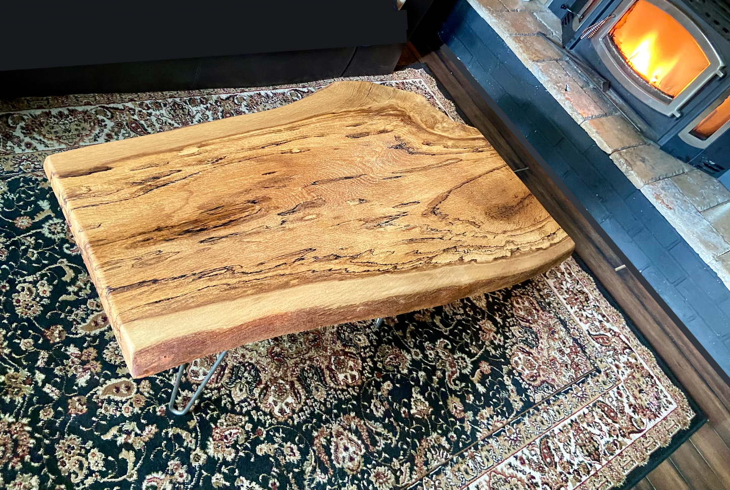 Rustic Spalted White Oak Wood Coffee Table|Live Edge Oak Accent Table|Natural Edge Hardwood Oak|Forked Coffee Table|Rustic Farmhouse Table