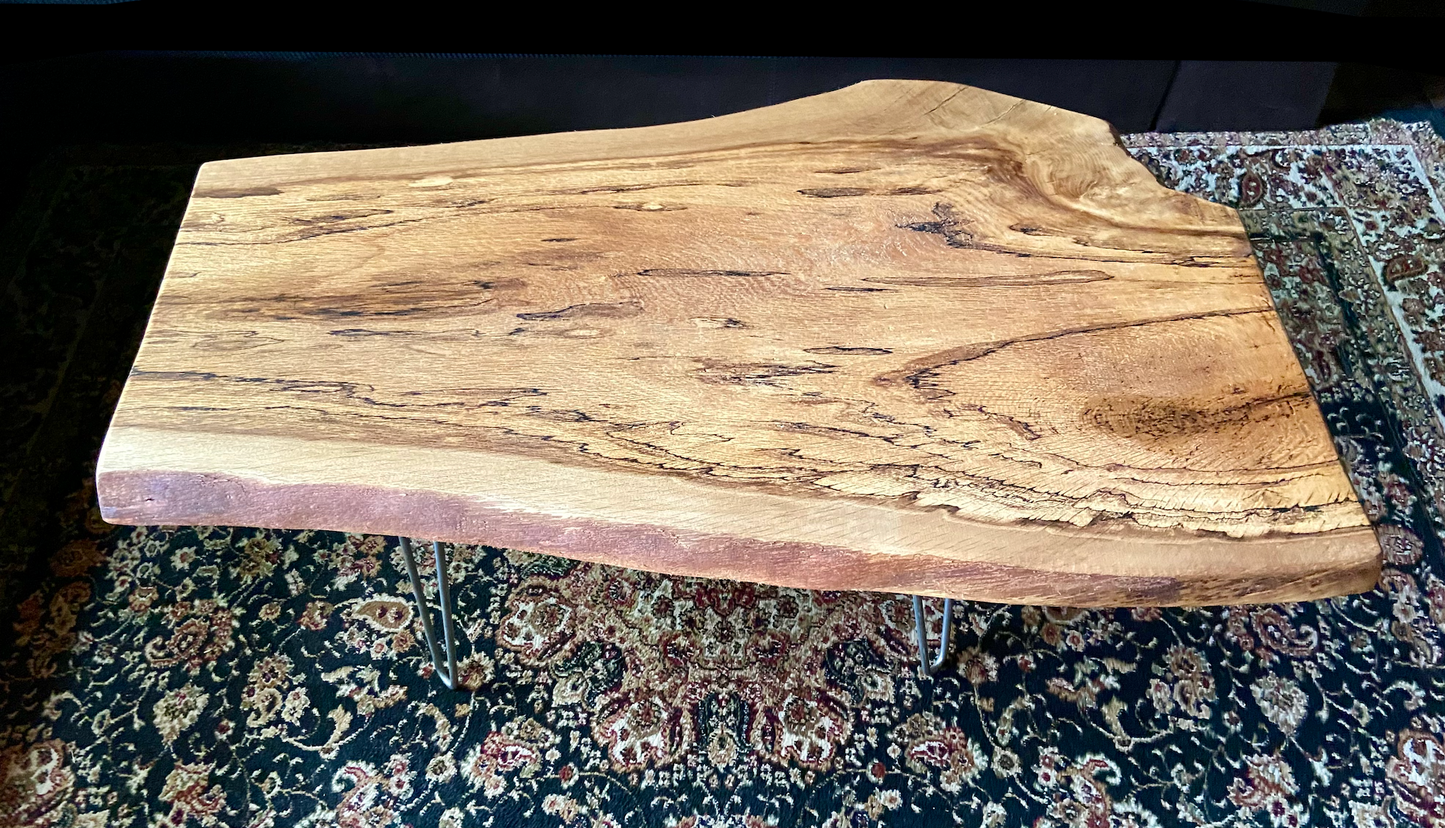 Rustic Spalted White Oak Wood Coffee Table|Live Edge Oak Accent Table|Natural Edge Hardwood Oak|Forked Coffee Table|Rustic Farmhouse Table