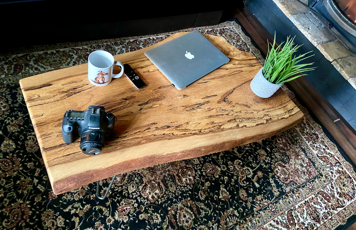 Rustic Spalted White Oak Wood Coffee Table|Live Edge Oak Accent Table|Natural Edge Hardwood Oak|Forked Coffee Table|Rustic Farmhouse Table