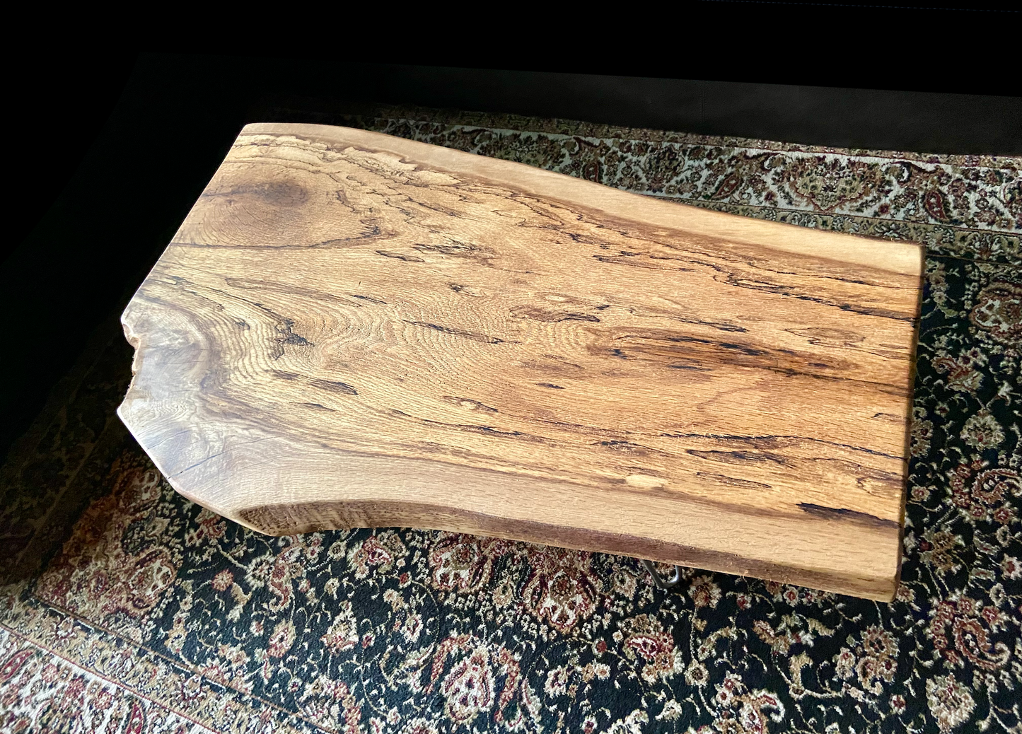 Unique Rustic Live Edge Spalted Oak Coffee Table w/Custom A - Shape Legs & Shelf