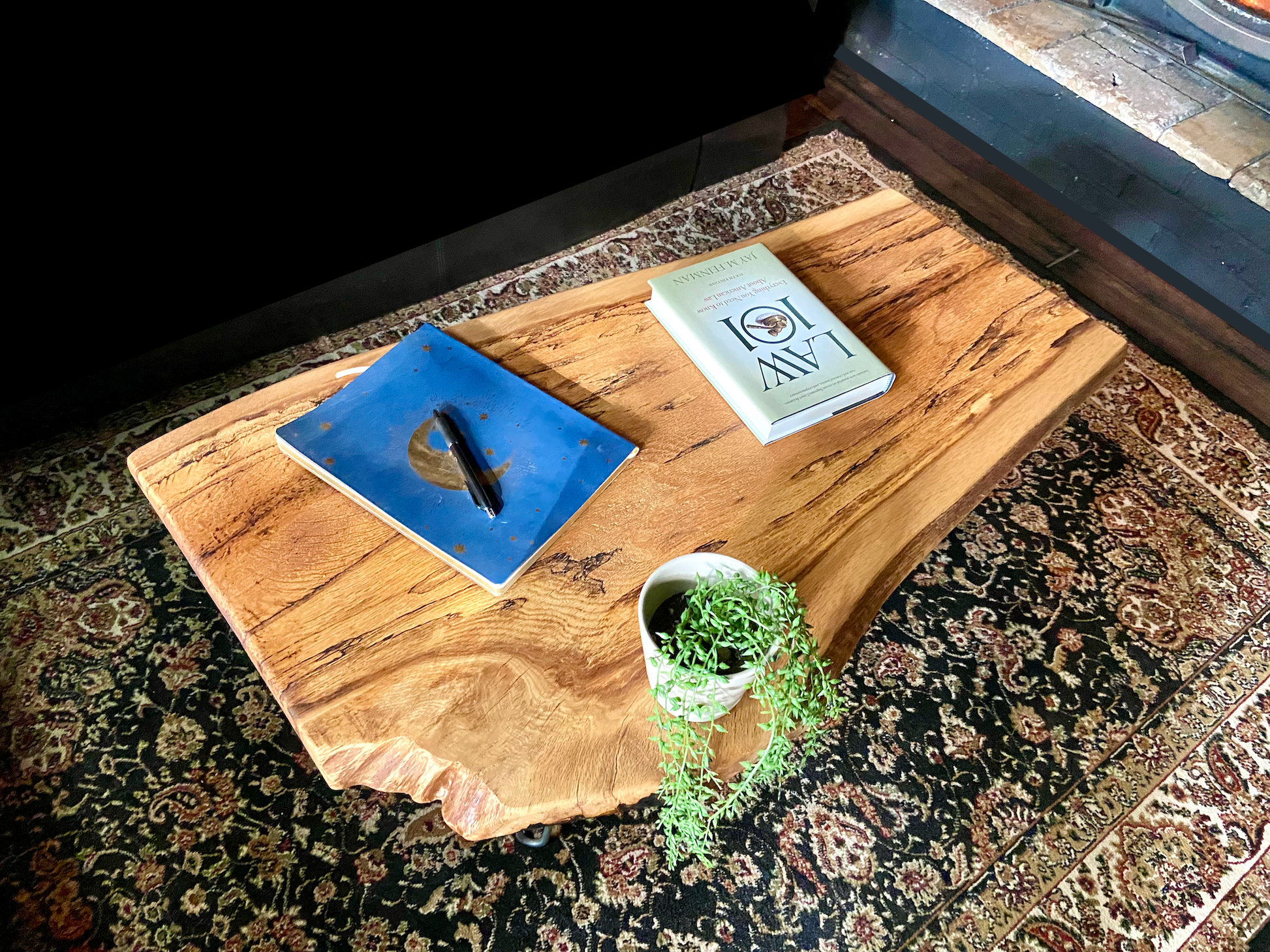 Rustic Spalted White Oak Wood Coffee Table|Live Edge Oak Accent Table|Natural Edge Hardwood Oak|Forked Coffee Table|Rustic Farmhouse Table