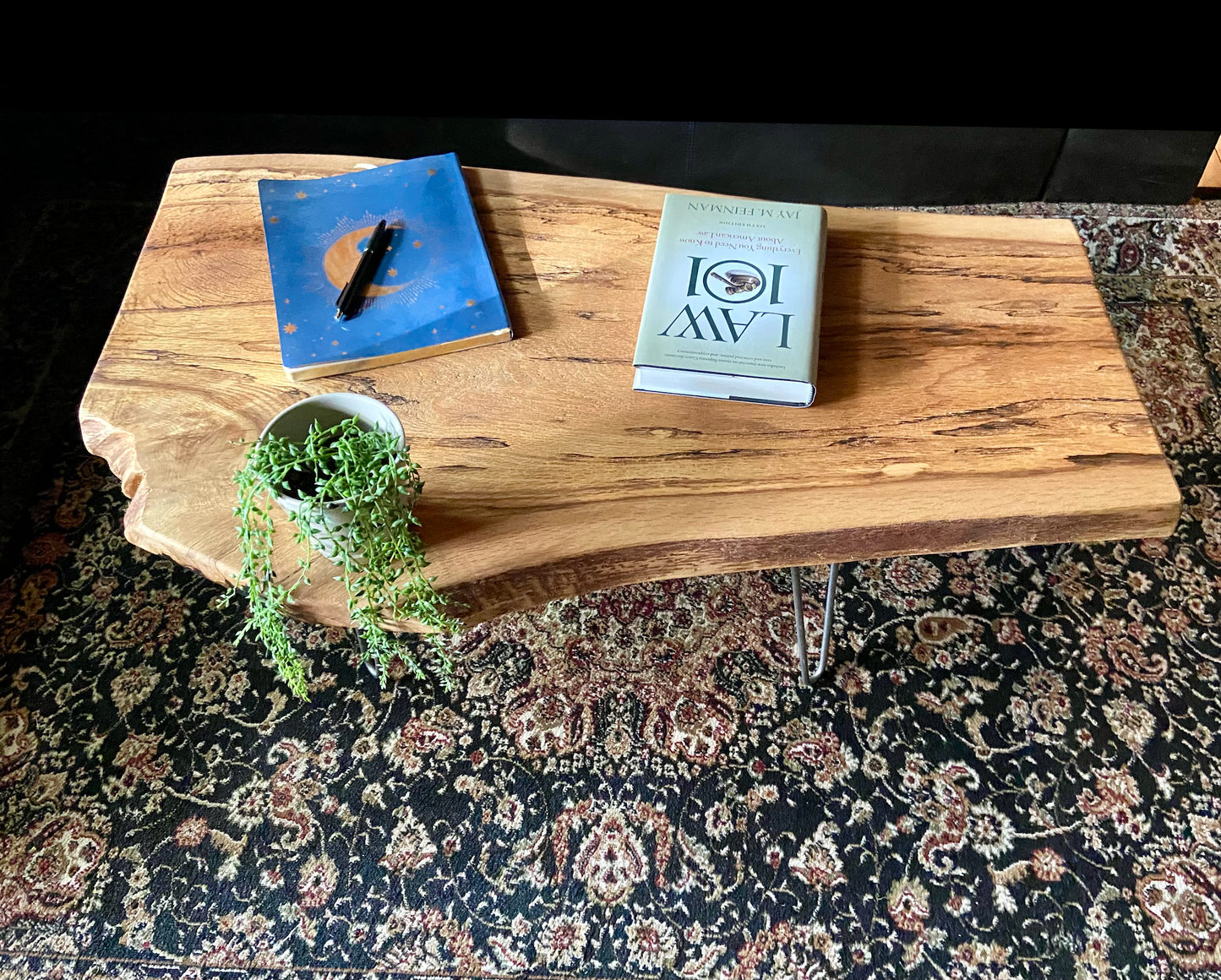 Unique Rustic Live Edge Spalted Oak Coffee Table w/Custom A - Shape Legs & Shelf