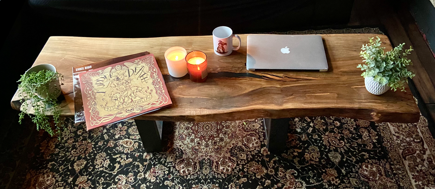 Live Edge Ambrosia Maple Coffee Table|Live Edge Wormy Maple Table|Rustic Maple Wood Display Table|Large Live Edge Wood Epoxy Coffee Table