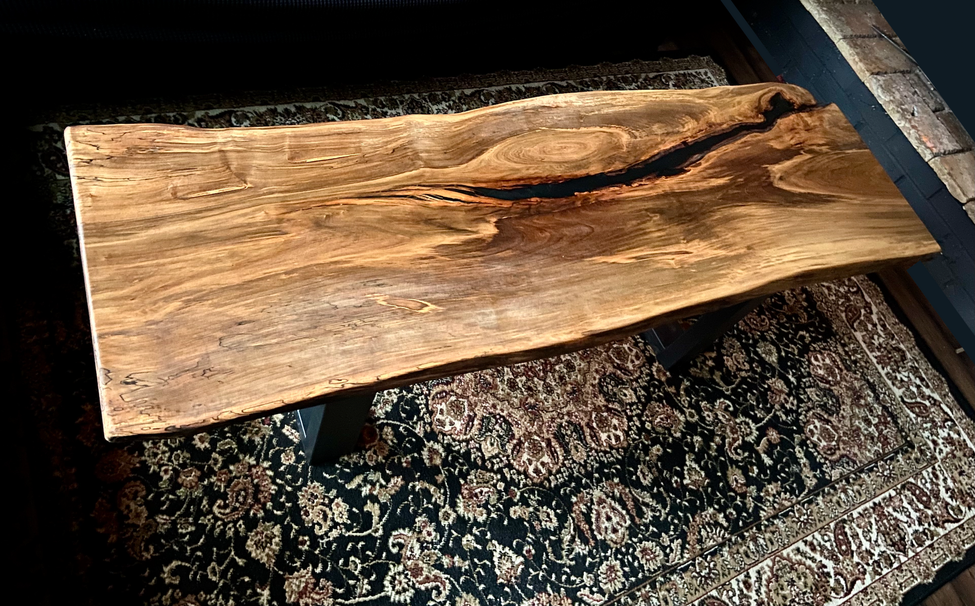 Live Edge Ambrosia Maple Coffee Table|Live Edge Wormy Maple Table|Rustic Maple Wood Display Table|Large Live Edge Wood Epoxy Coffee Table