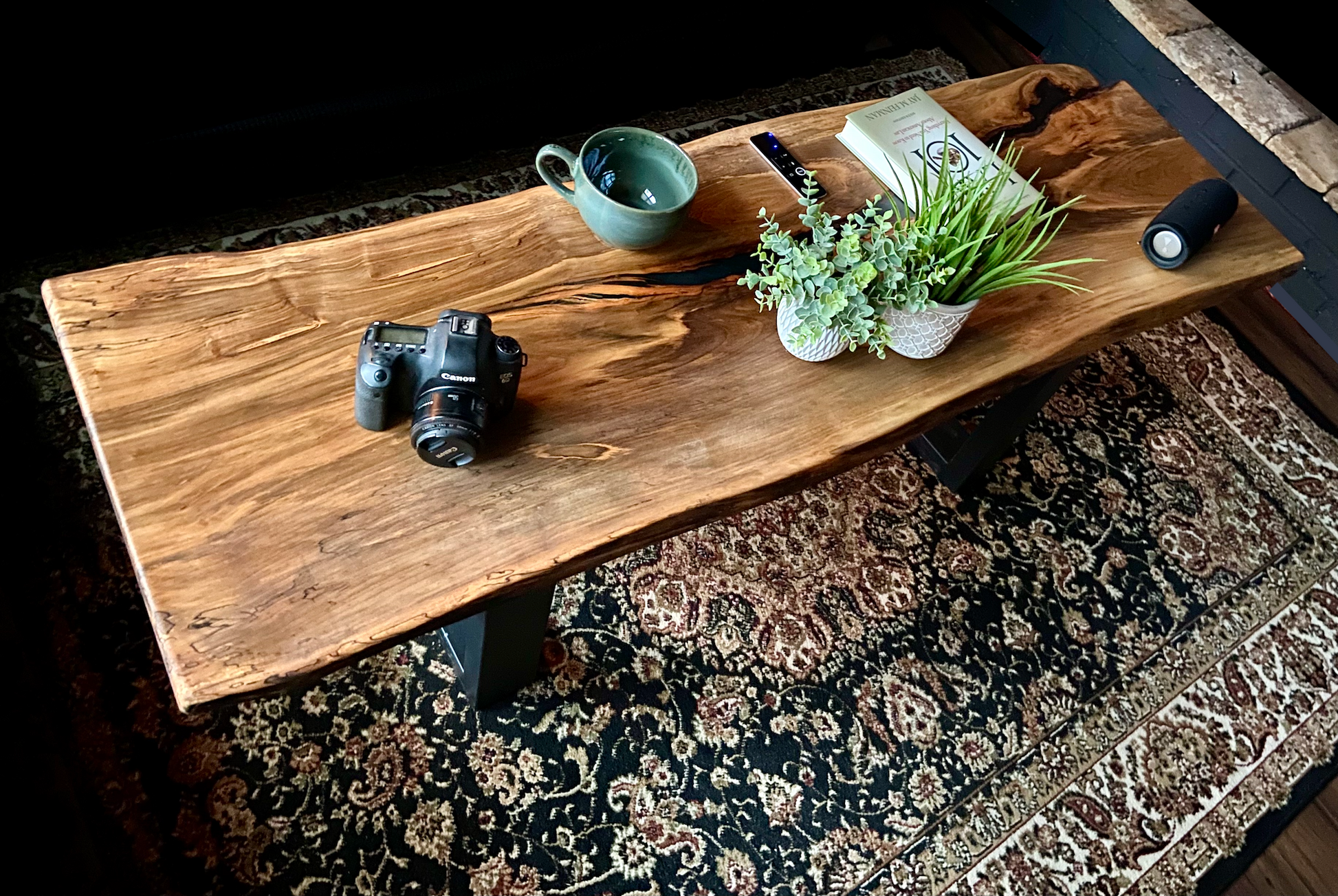 Live Edge Ambrosia Maple Coffee Table|Live Edge Wormy Maple Table|Rustic Maple Wood Display Table|Large Live Edge Wood Epoxy Coffee Table