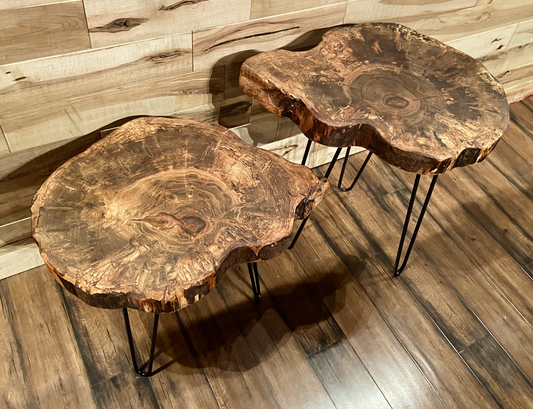 SET of 2 Round Live Edge Ambrosia Maple Accent Tables|Rustic Live Edge Wood End Table|Cross Cut Live Edge Spalted Maple Side Table Set 