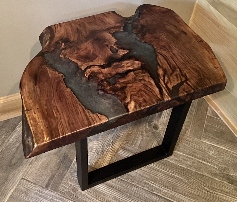 Live Edge Walnut and Stormy Gray Epoxy Table & Shelf Set