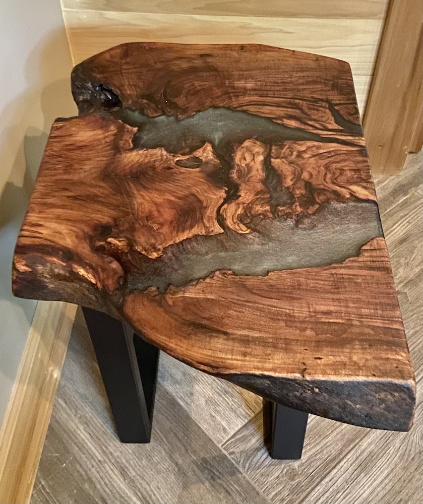 Live Edge Walnut and Stormy Gray Epoxy Table & Shelf Set