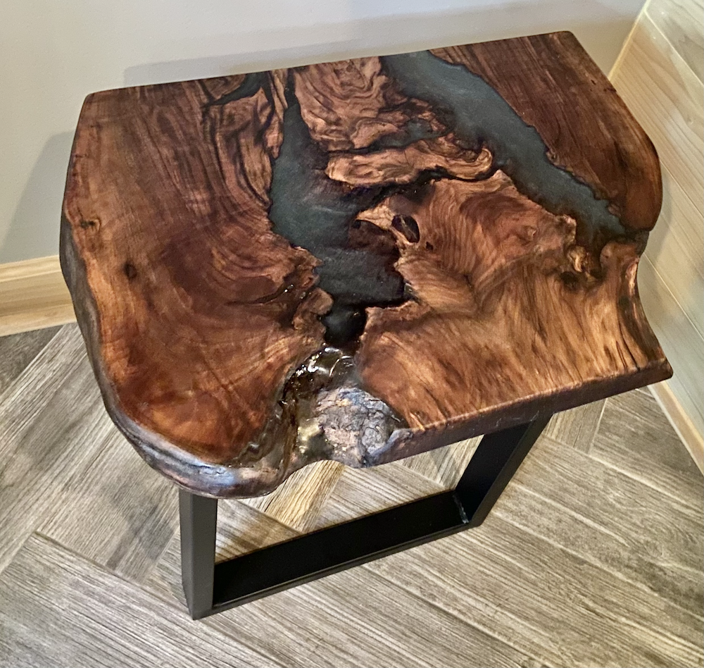 Live Edge Walnut and Stormy Gray Epoxy Table & Shelf Set