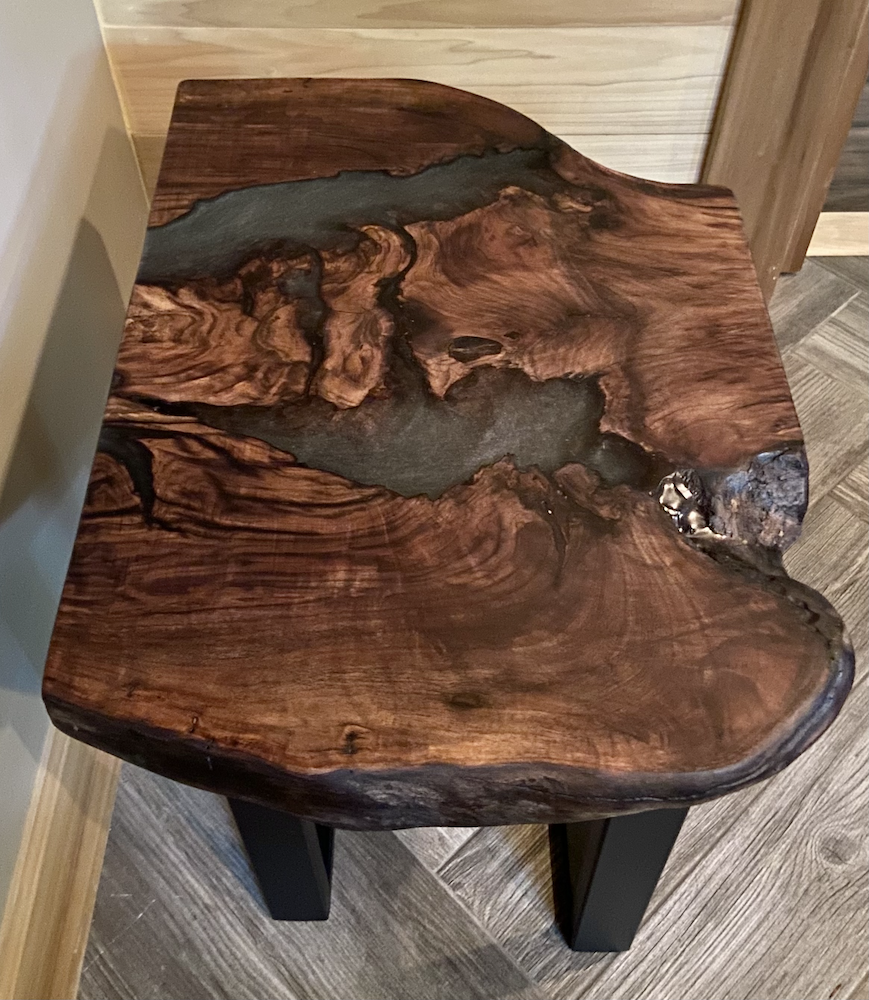 Live Edge Walnut and Stormy Gray Epoxy Table & Shelf Set