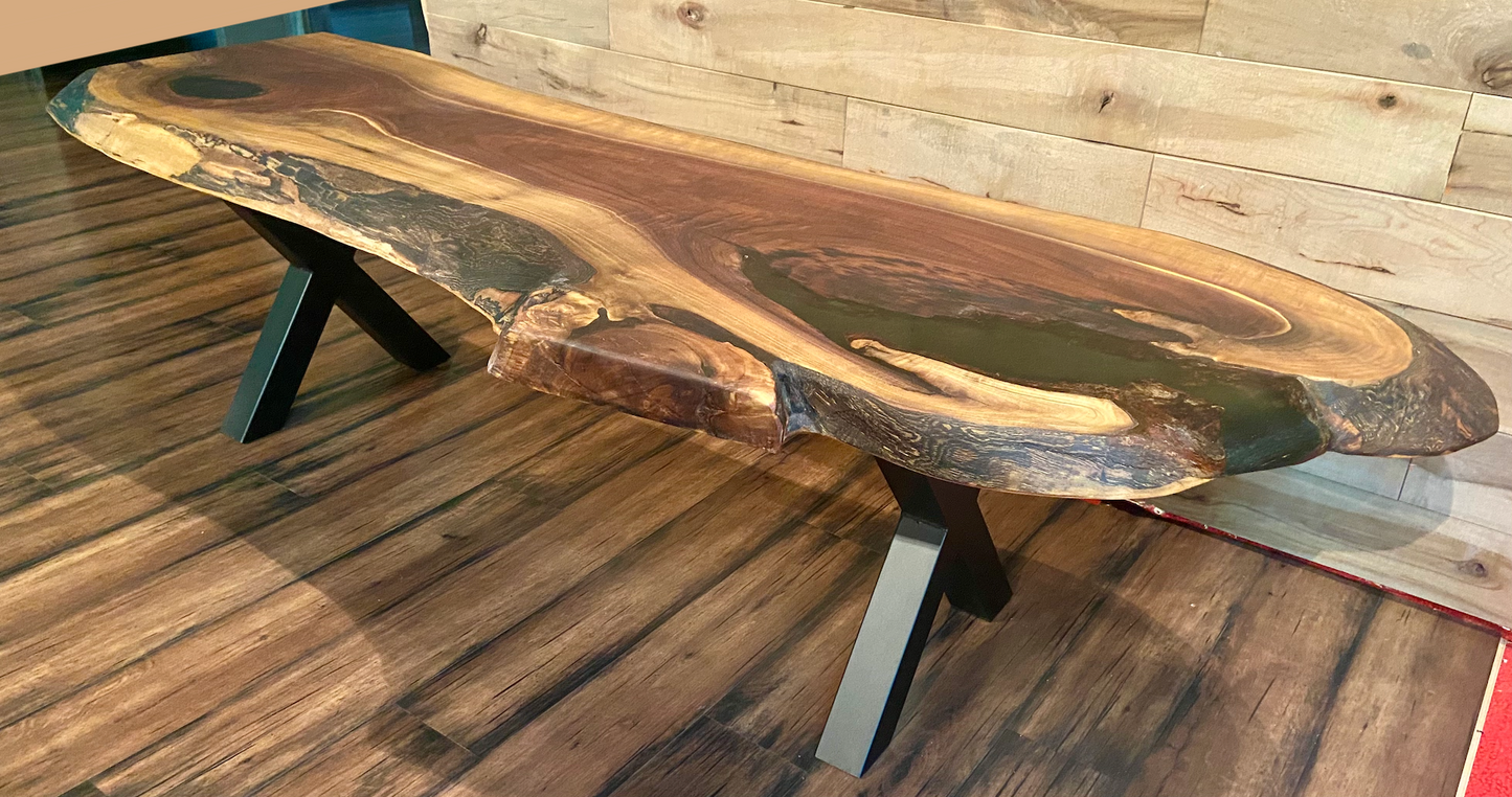 Black Walnut Live Edge Rustic Coffee Table w/ Gray-Green Epoxy