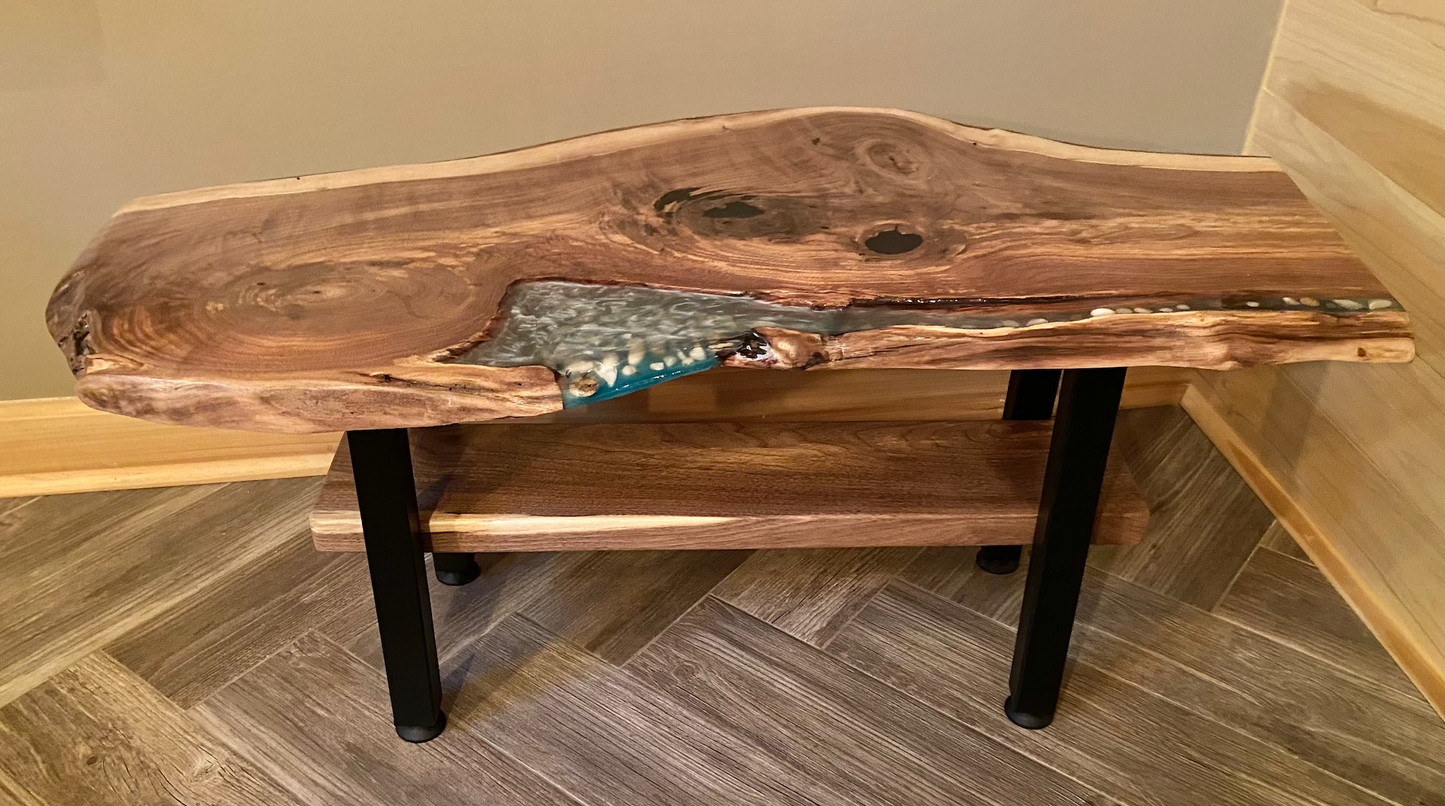Intriguing Black Walnut Live Edge Table with Turquoise,Gray,& White Epoxy Pour and Authentic Lake Erie Shells on Square Metal Legs