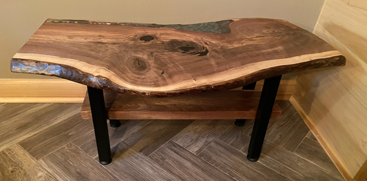 Intriguing Black Walnut Live Edge Table with Turquoise,Gray,& White Epoxy Pour and Authentic Lake Erie Shells on Square Metal Legs