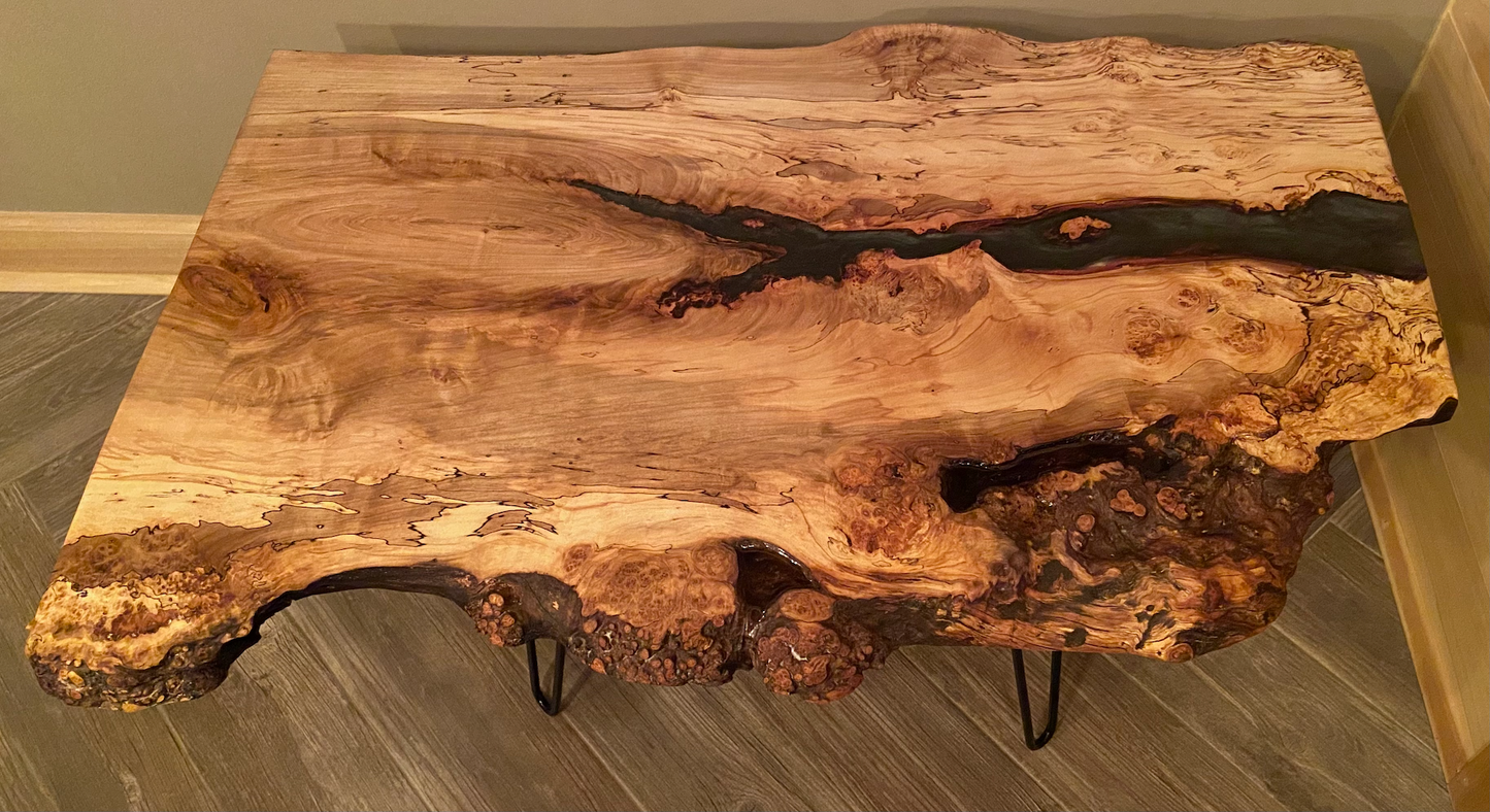 Wide Live Edge Spalted and Bird's Eye Maple with Smokey Black Epoxy Pour