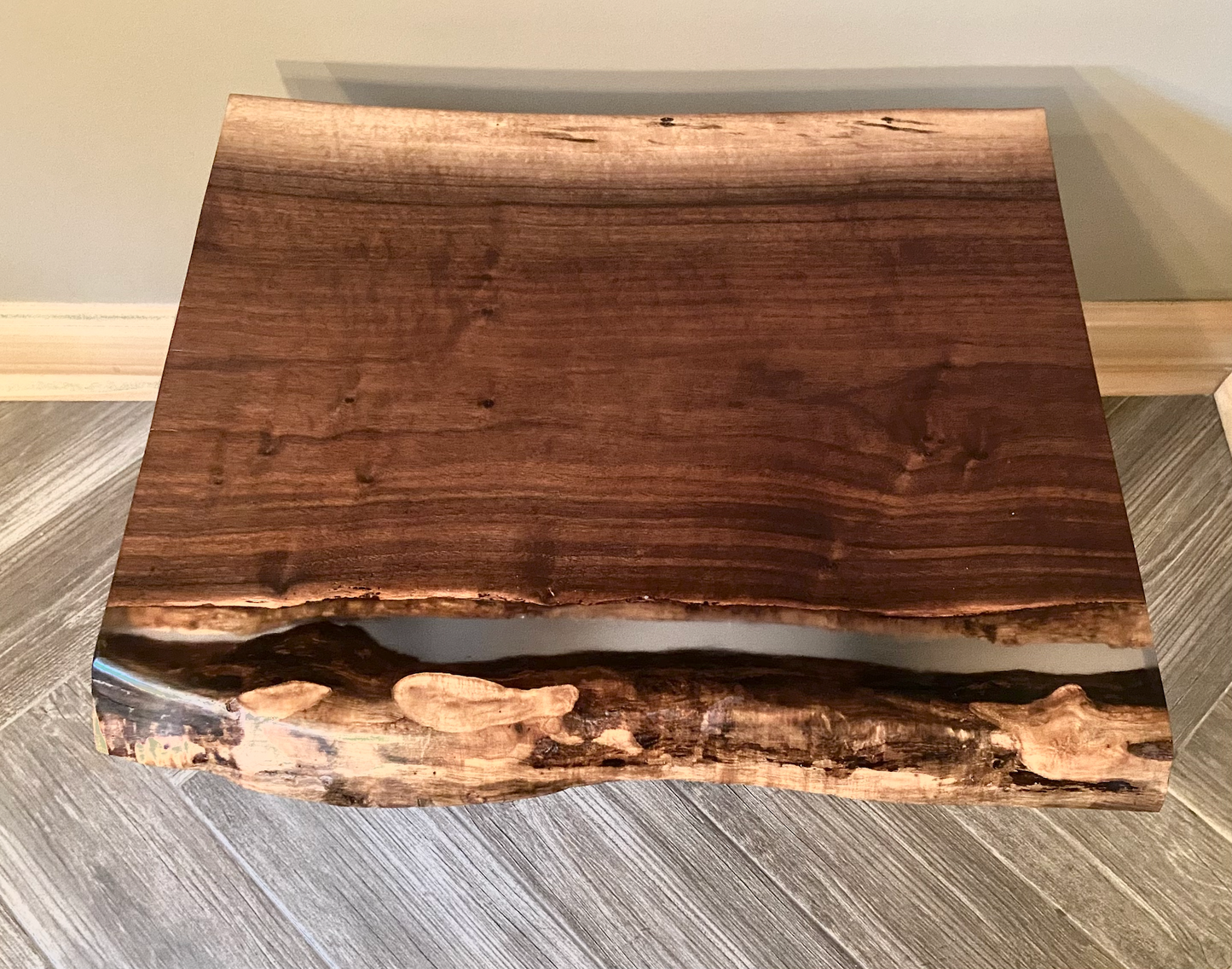 Ultra Unique Square Live Edge Walnut End Table with Clear Epoxy Resin and Half Log