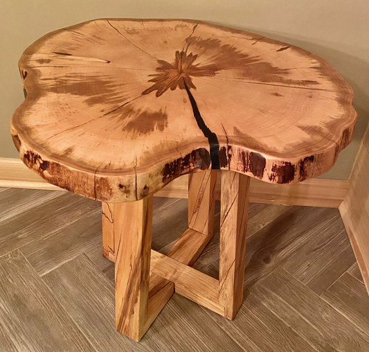 Contemporary Live Edge Round Ambrosia (Wormy) Maple Wood Slice Table