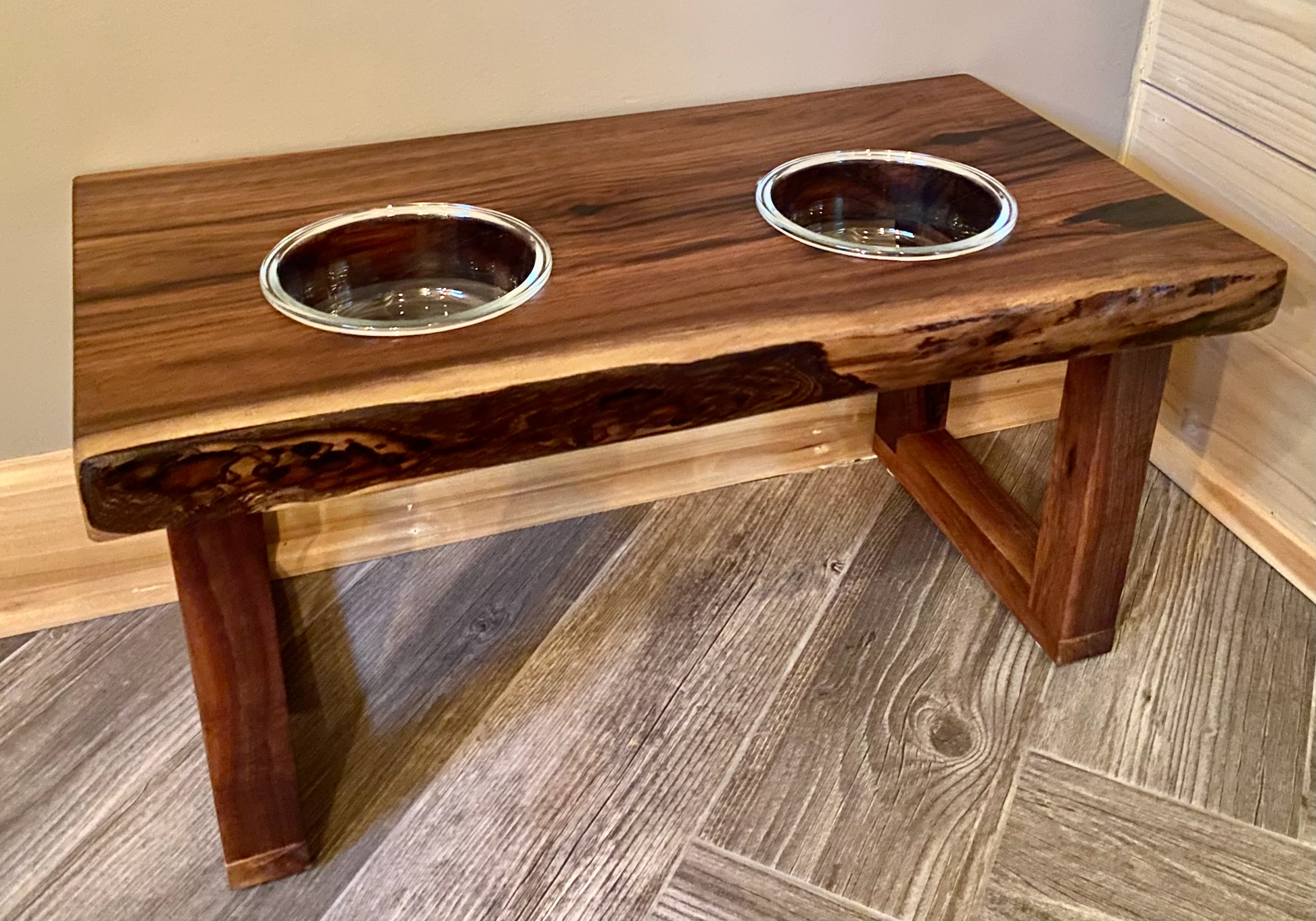 Raised Dog Bowl Stand With Two Bowls in Walnut Finish, Wooden Raised Dog  Feeder 
