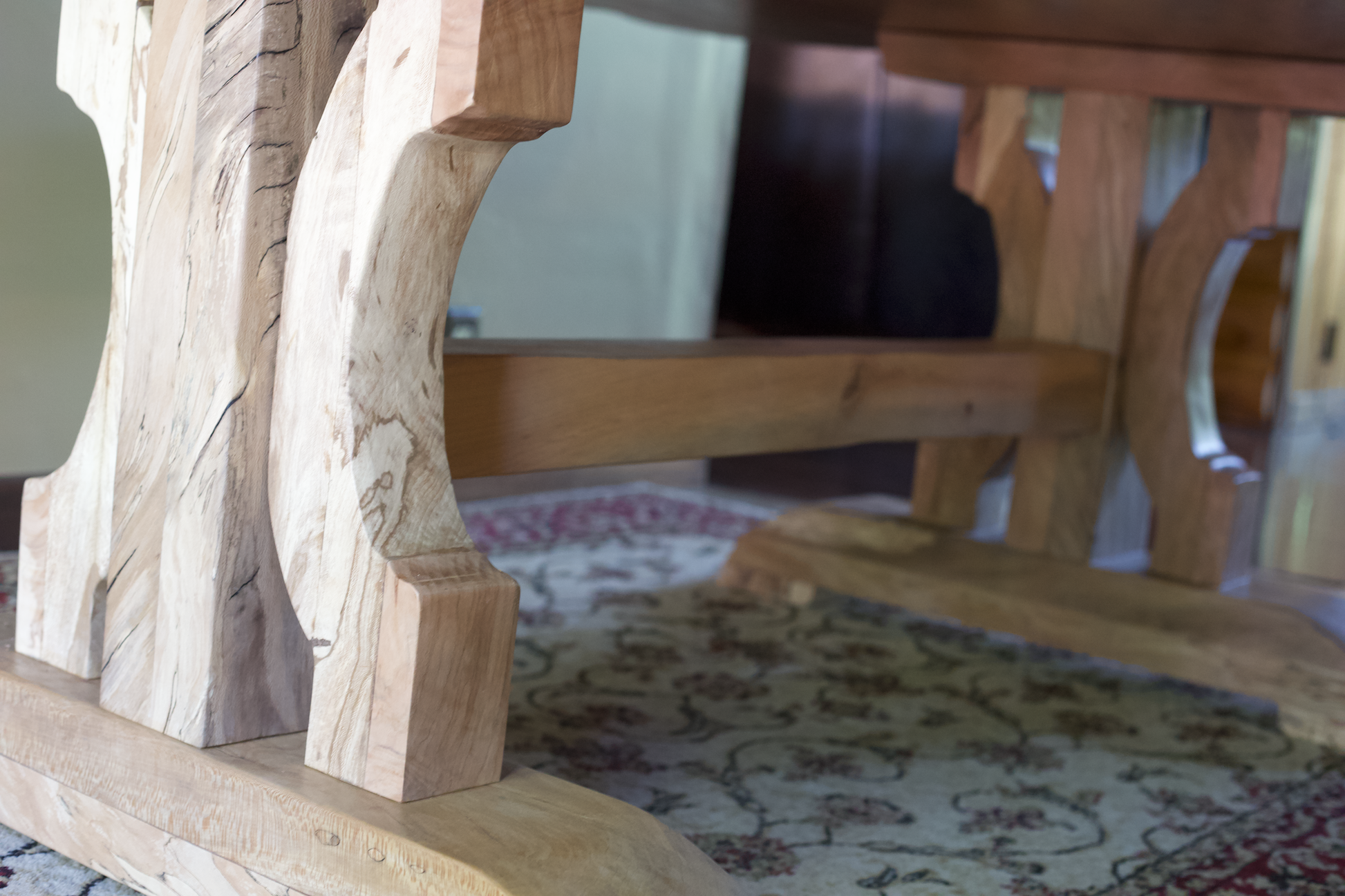  unique hardwood sycamore dining room table slab and trestle legs