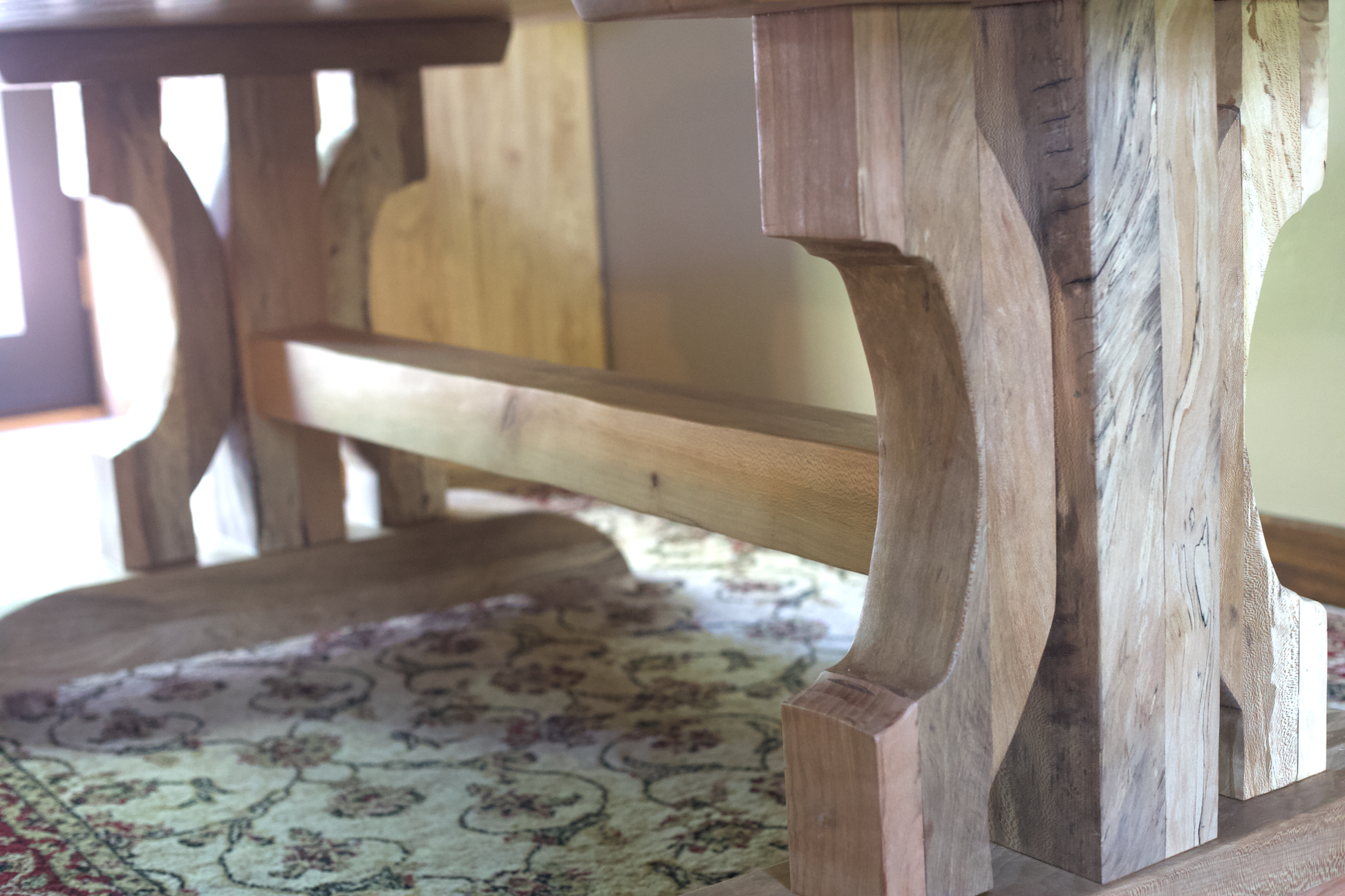  unique hardwood sycamore dining room table slab and trestle legs