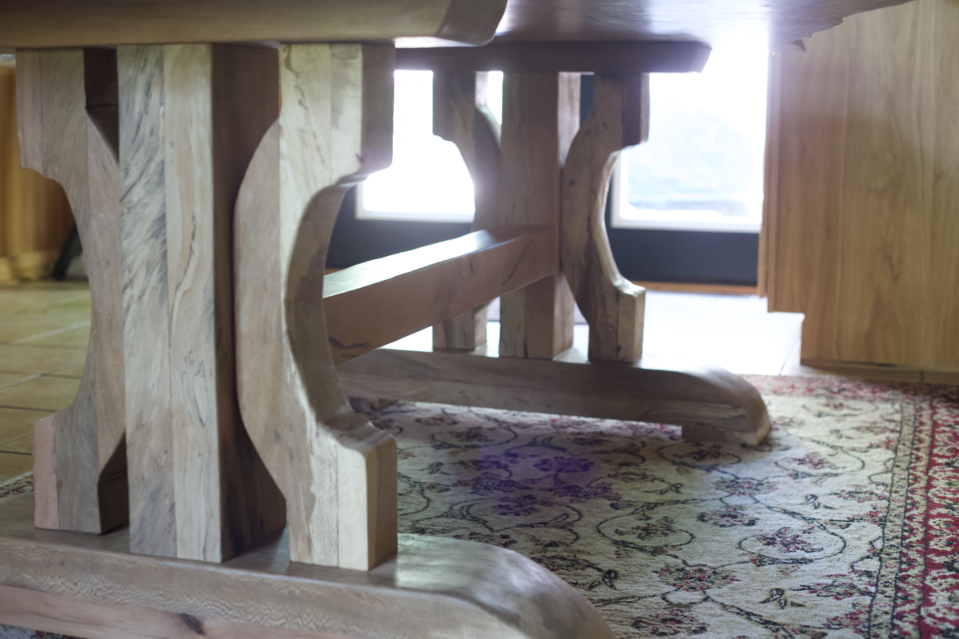  unique hardwood sycamore dining room table slab and trestle legs