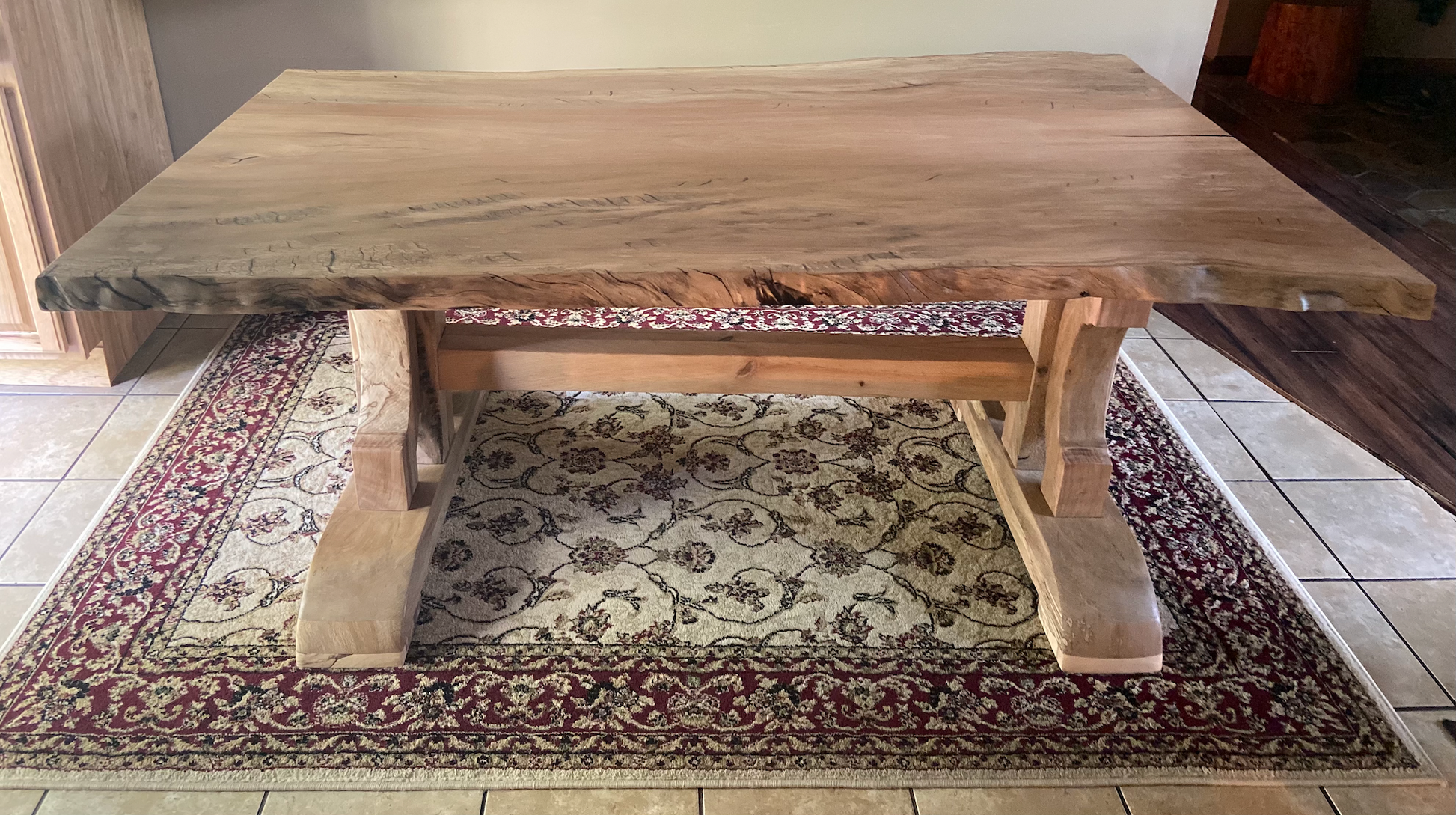  unique hardwood sycamore dining room table slab and trestle legs