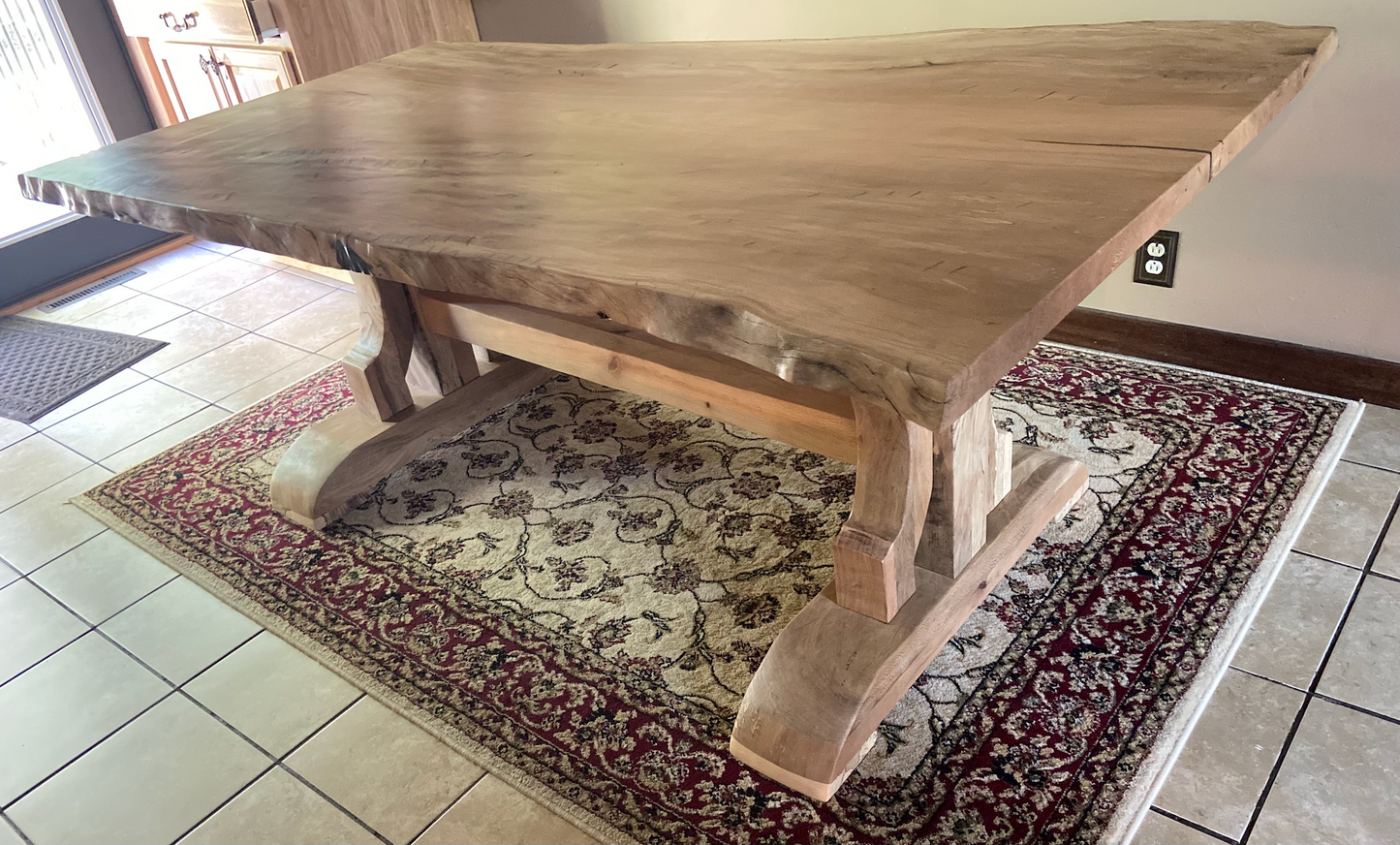  unique hardwood sycamore dining room table slab and trestle legs